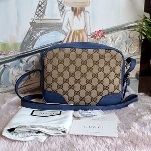 GUCCI Monogram Mini Bree Camera Bag In Beige/Caspian blue color